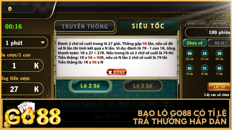 Bao Lô GO88 có tỷ lệ trả thưởng hấp dẫn