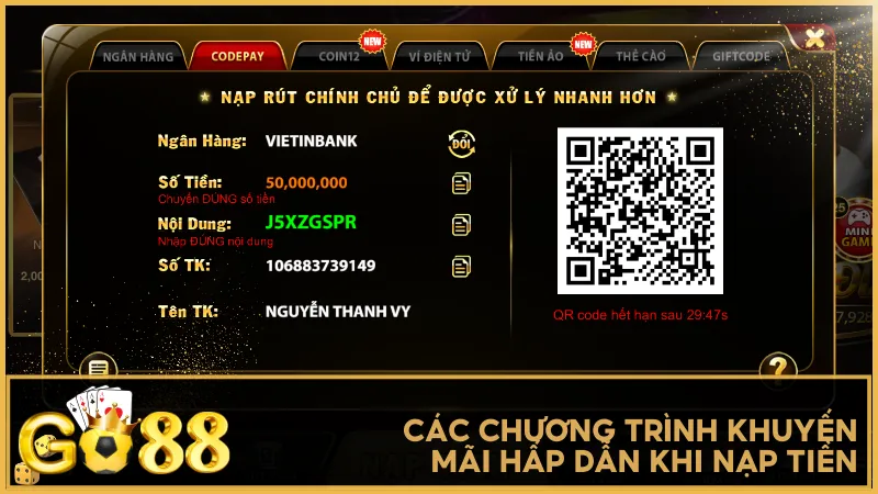 Nạp tiền GO88 không chỉ đơn giản mà còn mang lại nhiều phần thưởng hấp dẫn mỗi ngày