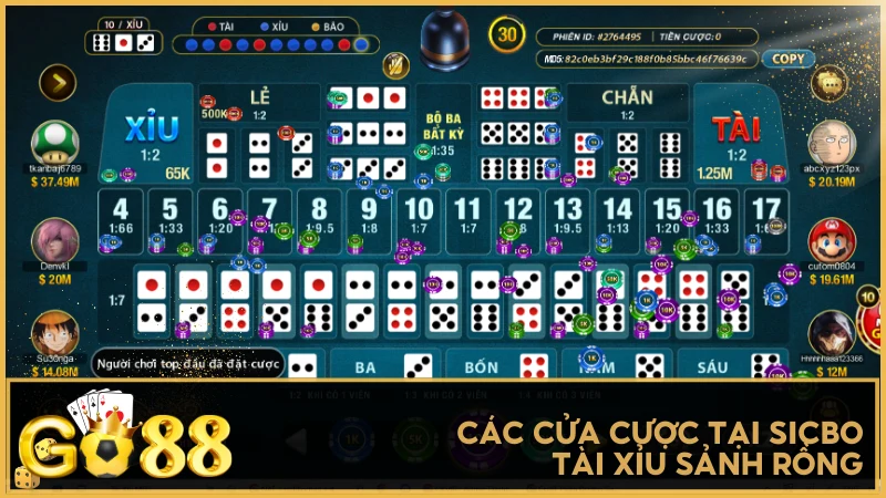 Các cửa cược tại Sicbo Tài Xỉu Sảnh Rồng