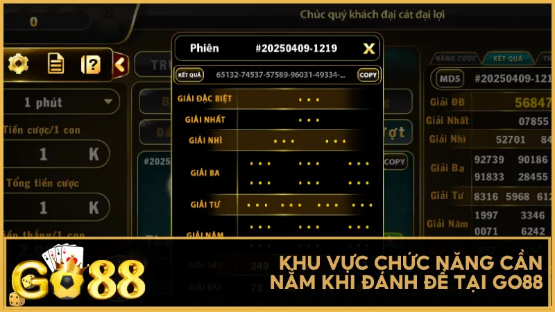 Khu vực chức năng cần nắm khi đánh đề tại Go88