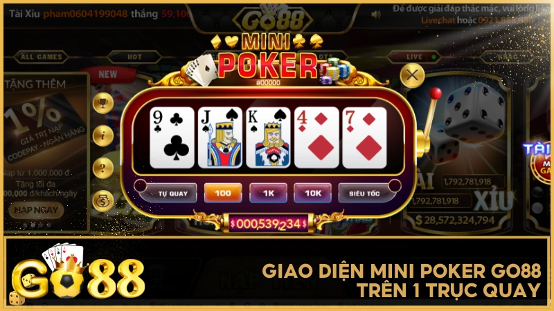 Giao diện Mini Poker GO88 trên 1 trục quay