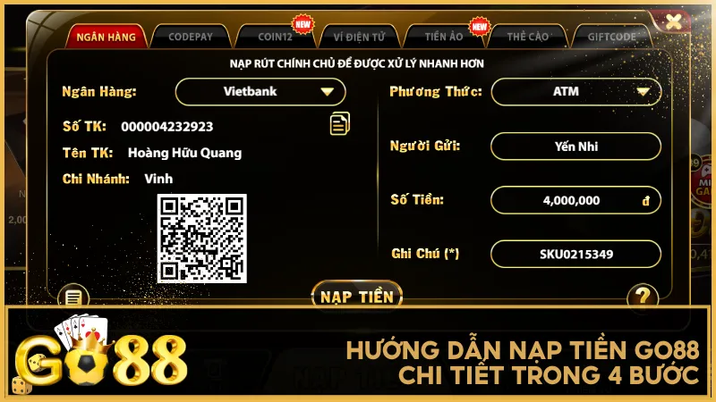 Bạn có thể nạp tiền thành công chỉ trong vài phút với hướng dẫn 4 bước cụ thể từ GO88