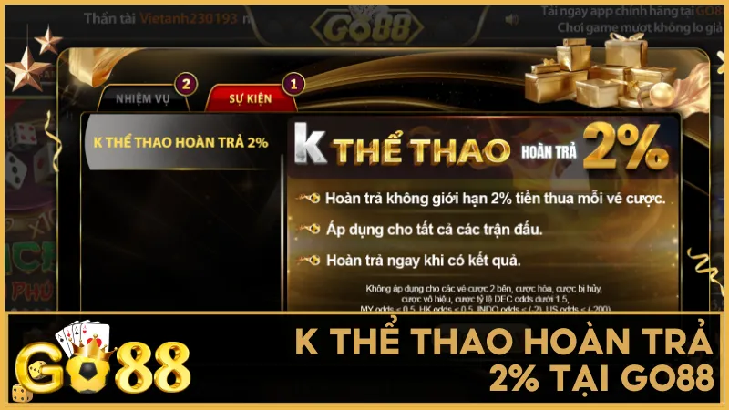 K Thể thao hoàn trả 2%