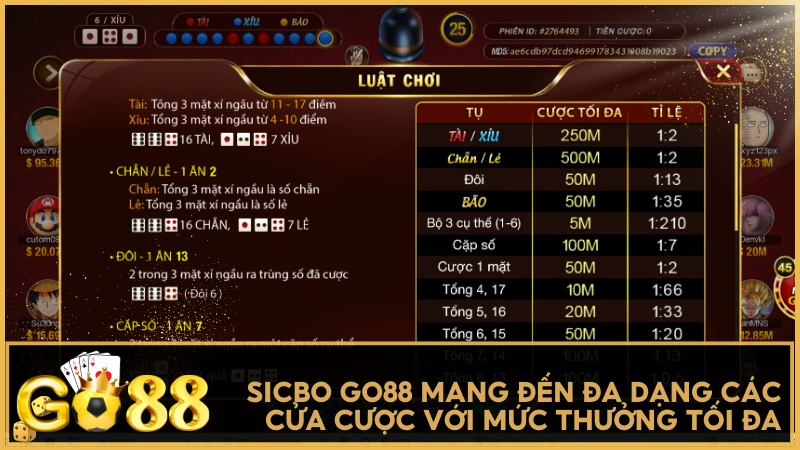 Sicbo GO88 mang đến đa dạng các cửa cược với mức thưởng tối đa